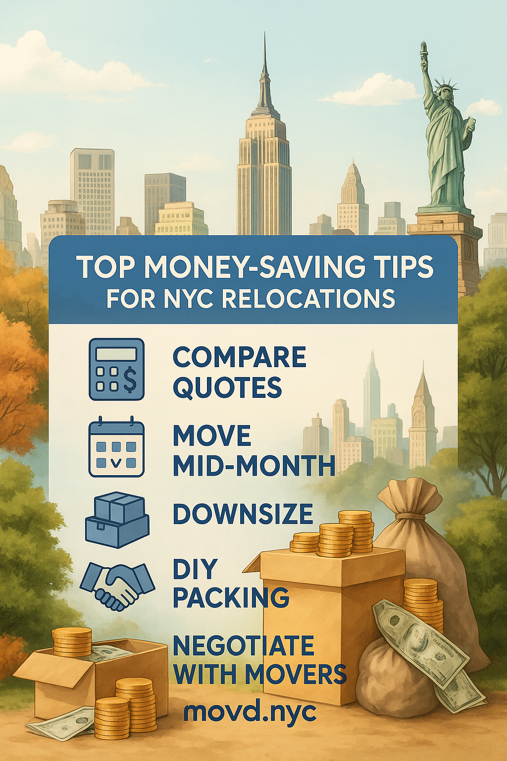 Infographic showing top money-saving tips for NYC moving budgets and cost reduction strategies