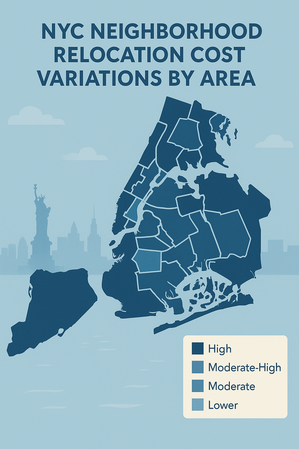 Map showing NYC neighborhood moving budget variations and cost estimates by area