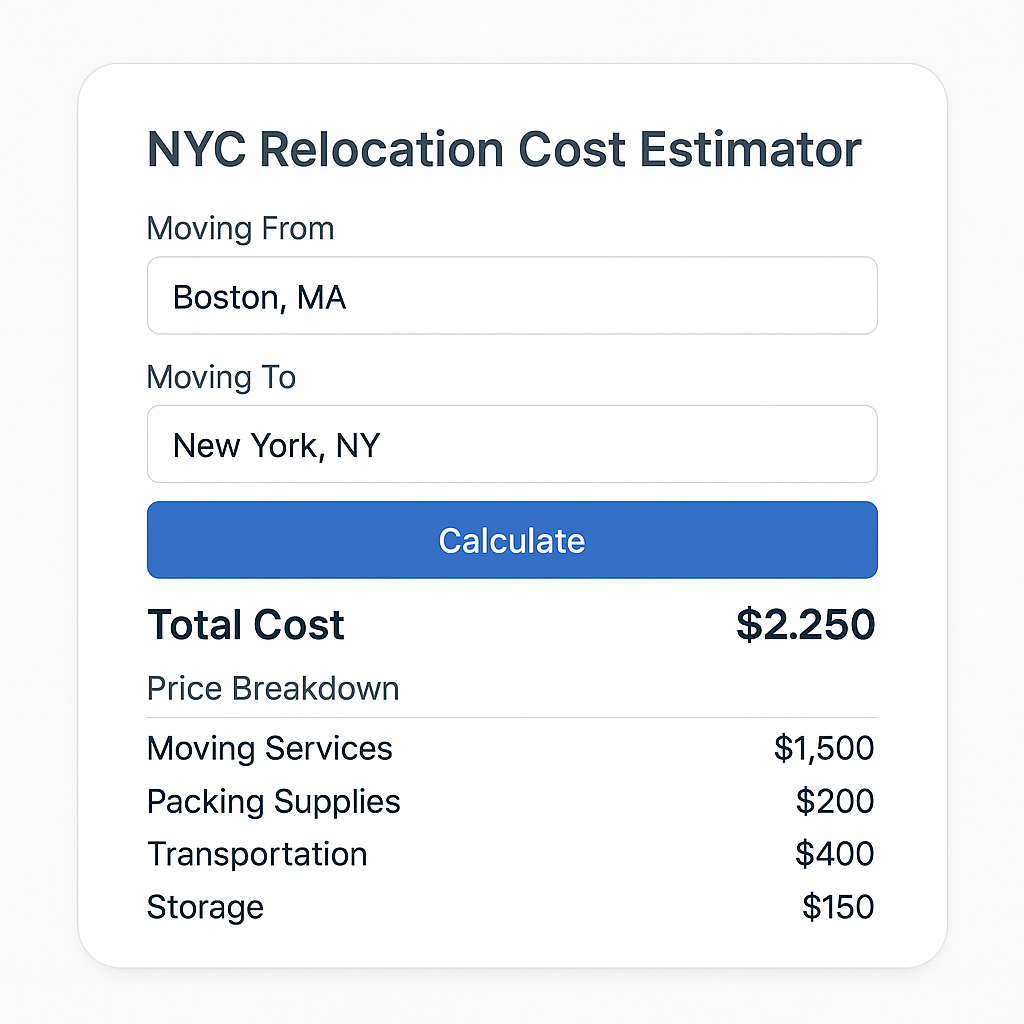 NYC Moving Budget Calculator showing detailed moving cost breakdown and budget analysis