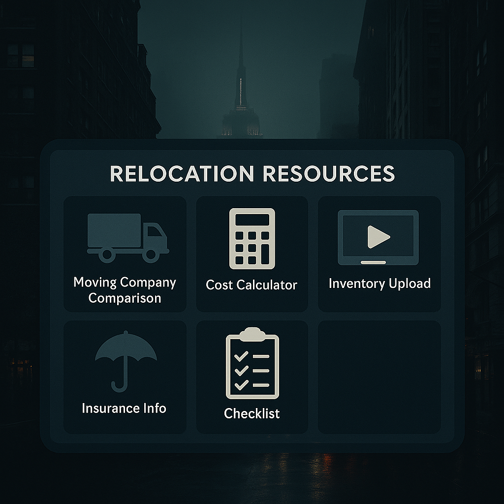 Dashboard showing various NYC moving budget planning tools and cost calculation resources