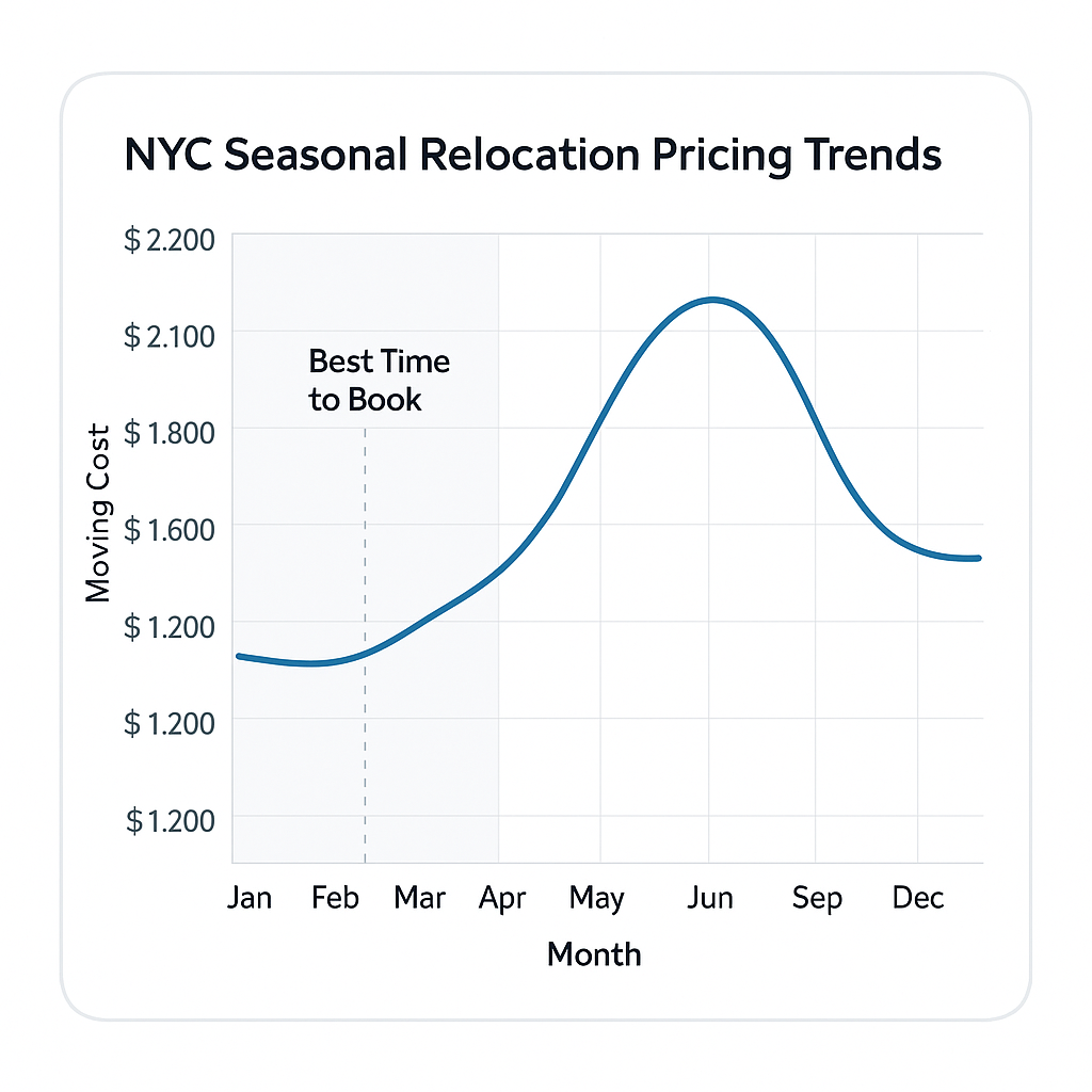 Year-round chart showing NYC moving budget pricing trends and optimal booking times for lowest costs