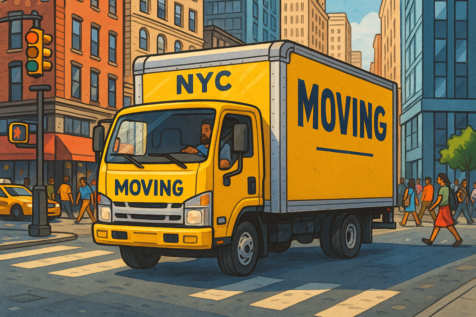 NYC Moving Truck Navigating Busy Street During Relocation