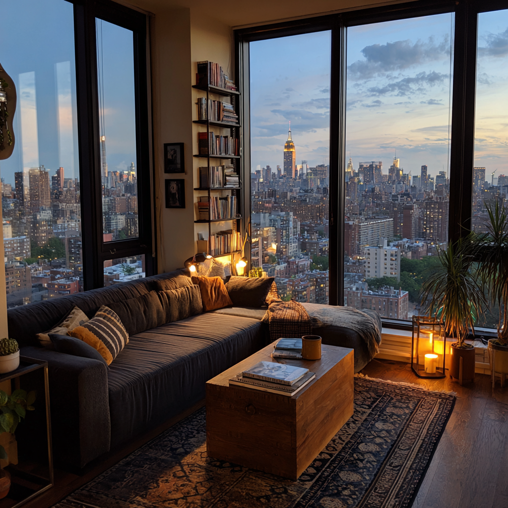 Happy family celebrating successful NYC move within budget in new apartment