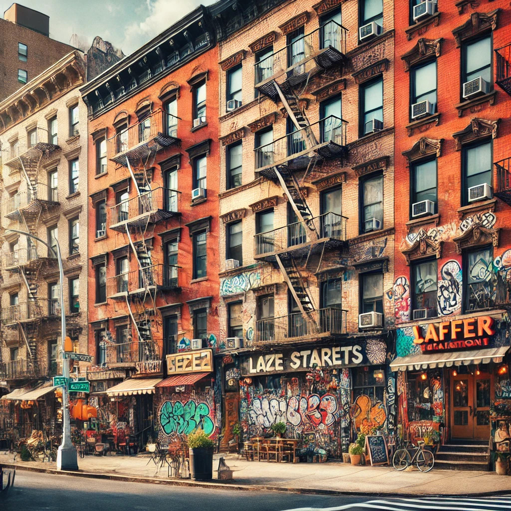 Lower East Side street with graffiti, fire escapes, and local vibe