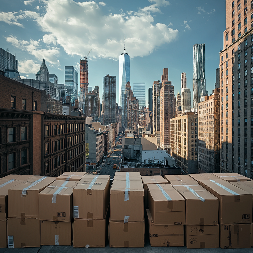 NYC skyline with moving boxes
